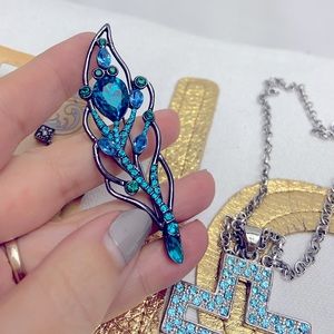 Peacock 🦚 Blue Cross Jewelry Set. Earrings, Necklace and Feather Brooch